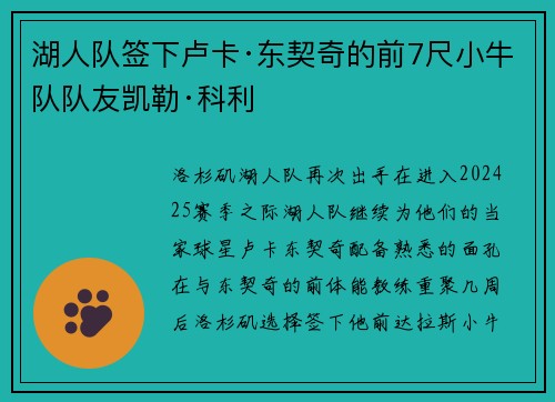 湖人队签下卢卡·东契奇的前7尺小牛队队友凯勒·科利