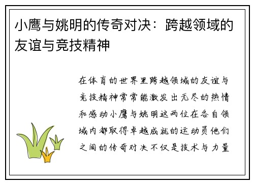 小鹰与姚明的传奇对决：跨越领域的友谊与竞技精神